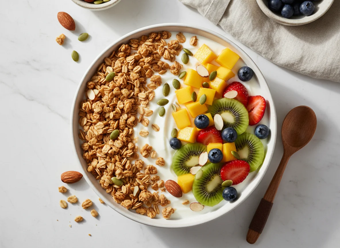 Tazón de yogur con granola y frutas photo