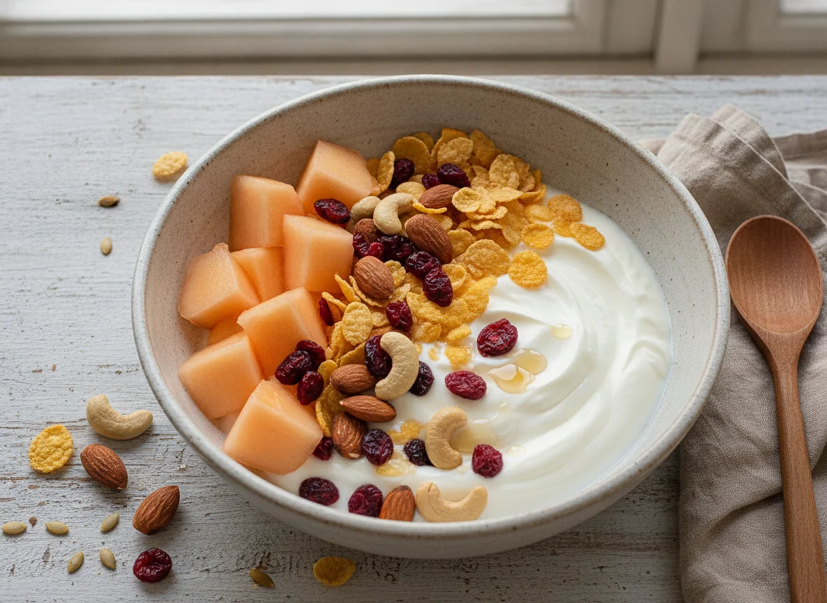 Tazón de yogur con melón, cereales y frutos secos photo