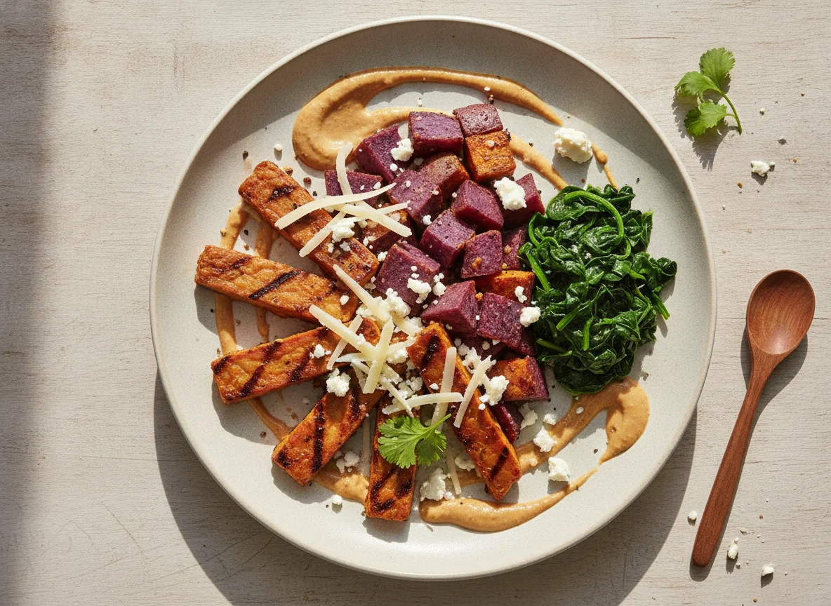 Tempeh con camote morado, espinacas y queso photo