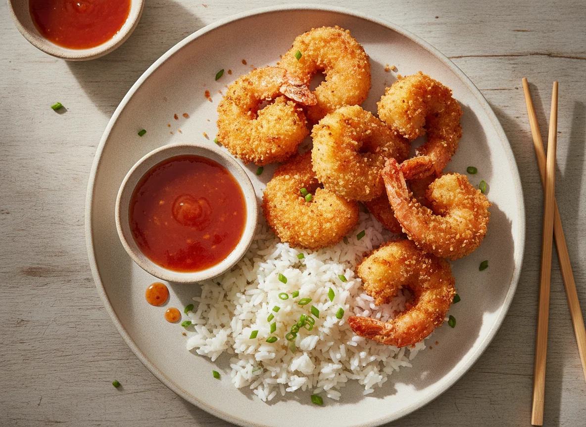 Tempura de langostinos con salsa agridulce photo