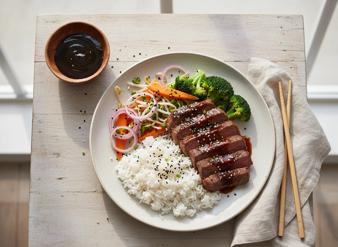 Teriyaki de res con arroz y vegetales photo