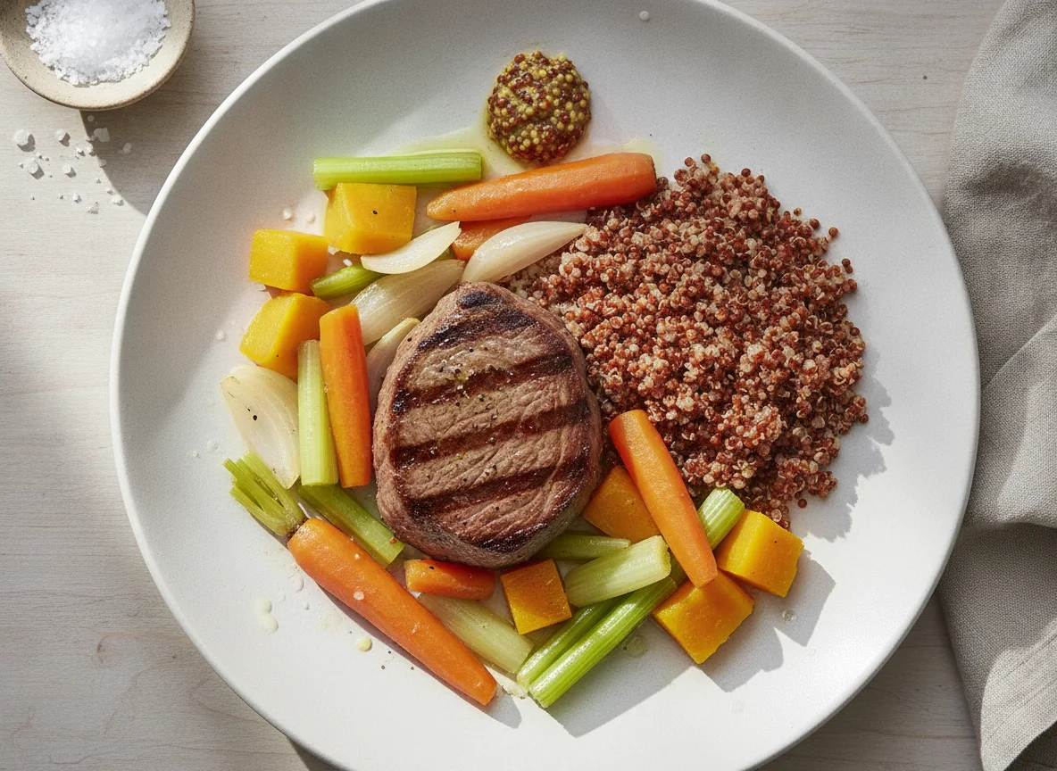 Ternera a la plancha con quinoa roja y verduras hervidas photo