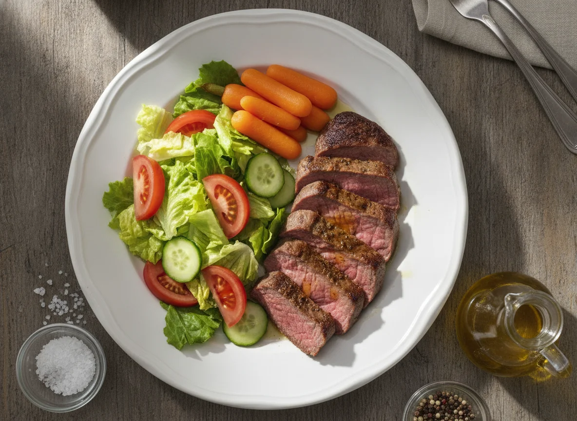 Ternera asada con ensalada mixta y zanahorias photo