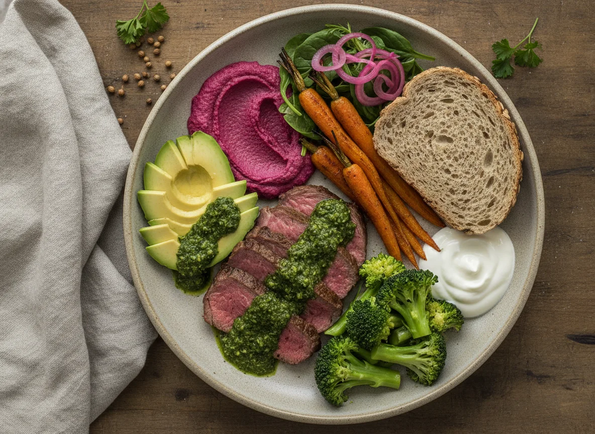 Ternera asada con verduras, aguacate y pan integral photo