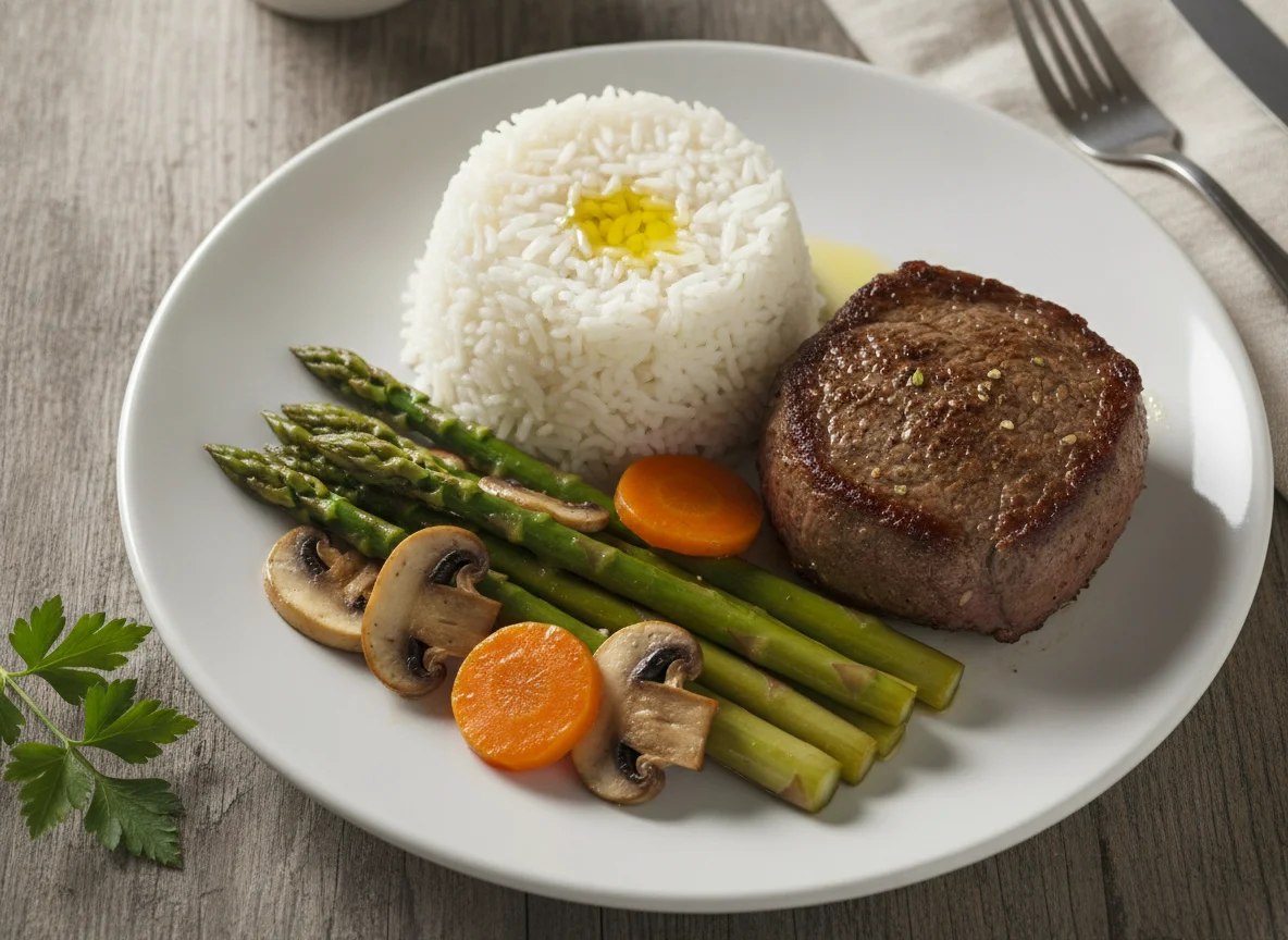 Ternera con arroz blanco, espárragos trigueros, champiñones y zanahoria photo
