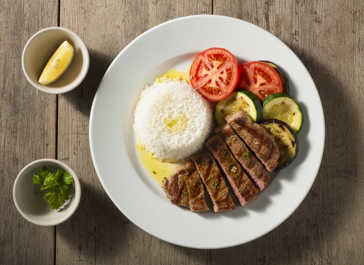 Ternera con arroz y verduras photo
