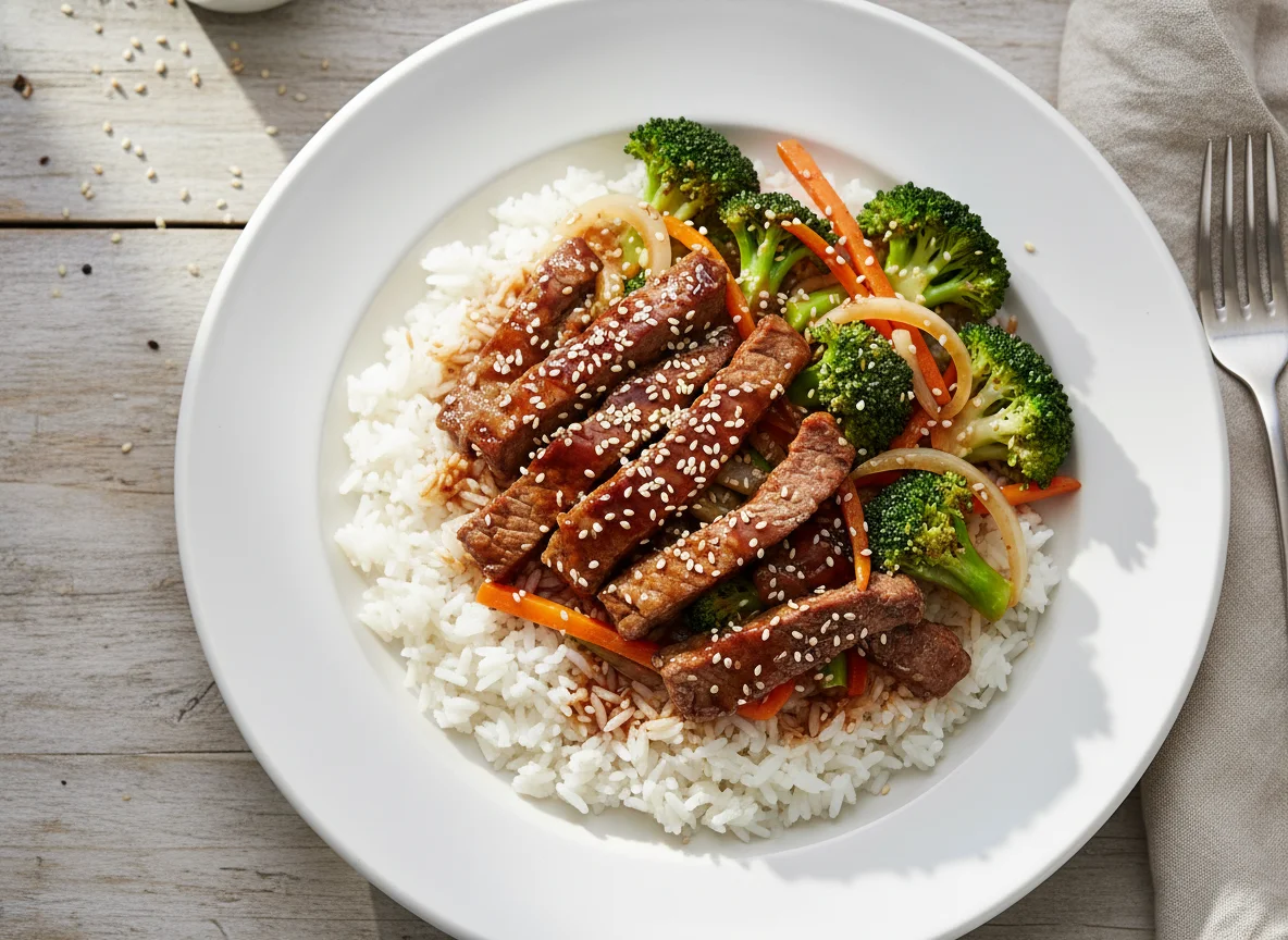 Ternera con brócoli y zanahorias sobre arroz photo