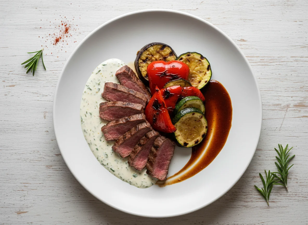 Ternera con verduras asadas y salsa photo