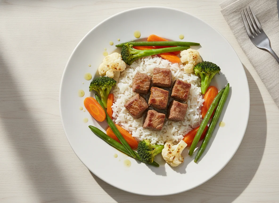Ternera con verduras y arroz photo