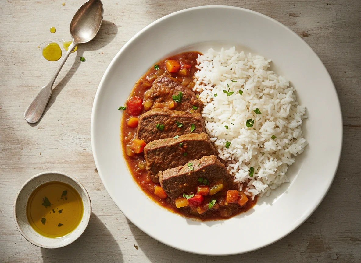 Ternera en salsa con arroz blanco photo
