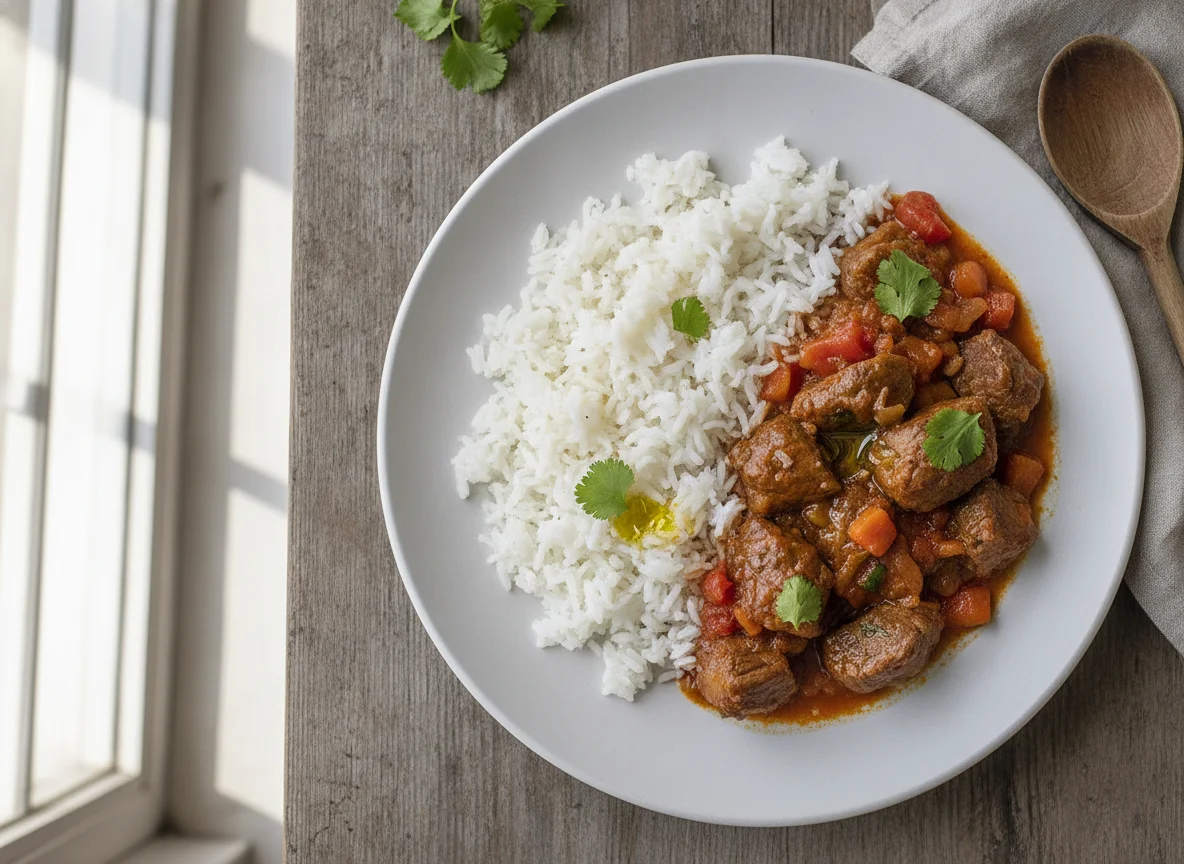 Ternera guisada con arroz blanco photo