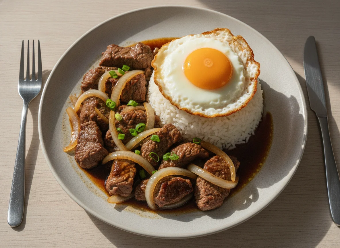 Ternera salteada con cebolla, arroz y huevo frito photo