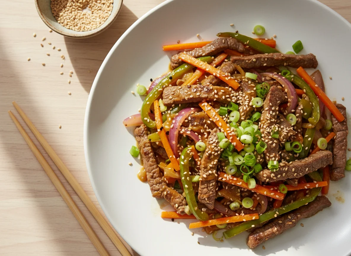 Ternera salteada con verduras photo