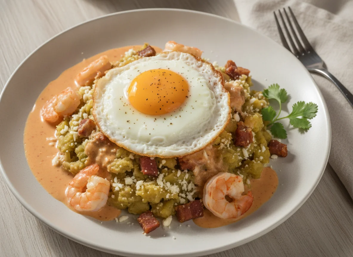 Tigrillo con huevo frito y salsa de camarones photo