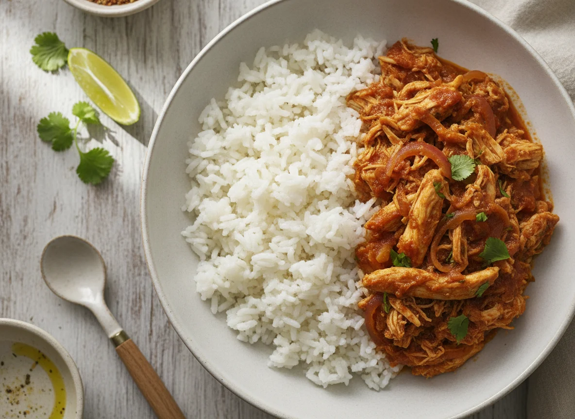 Tinga de pollo con arroz blanco photo