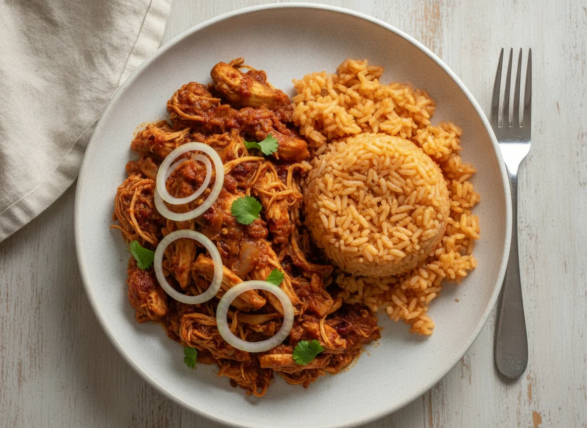Tinga de pollo con arroz rojo photo