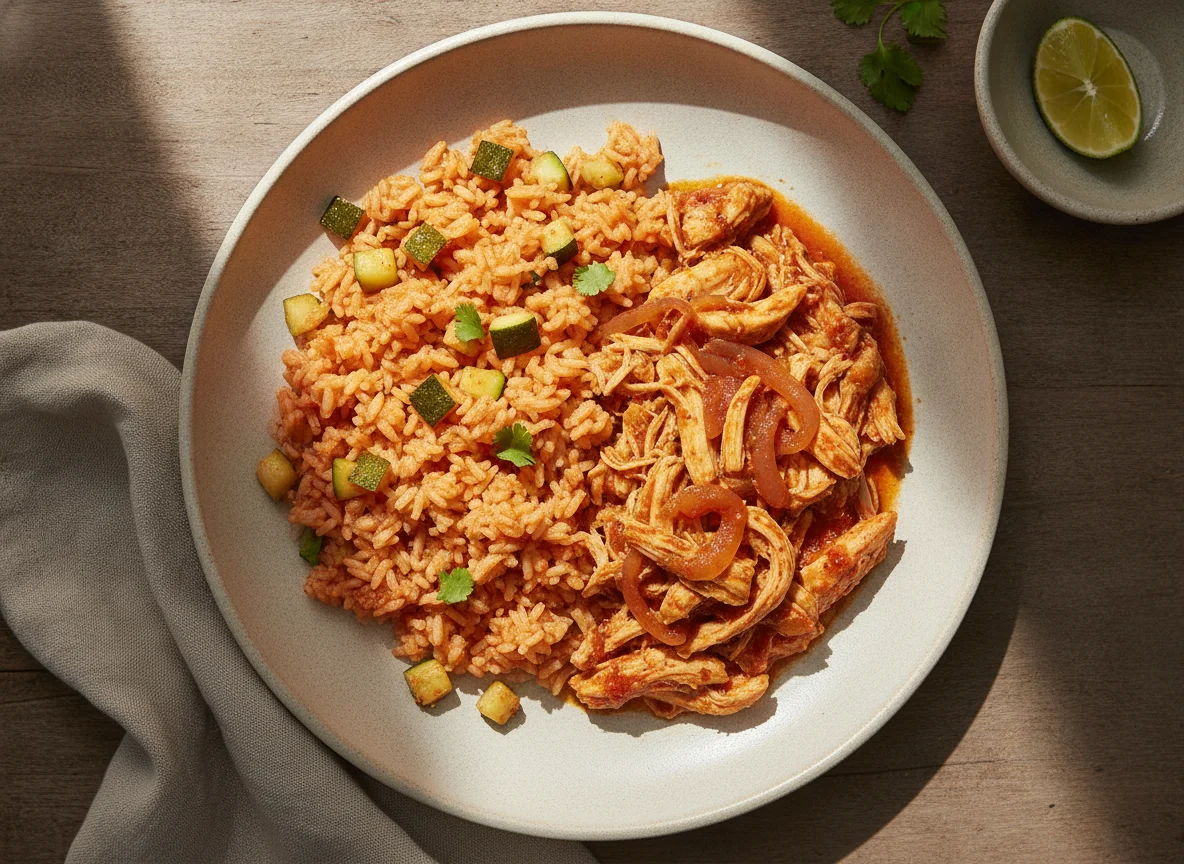 Tinga de pollo con arroz rojo y calabacitas photo