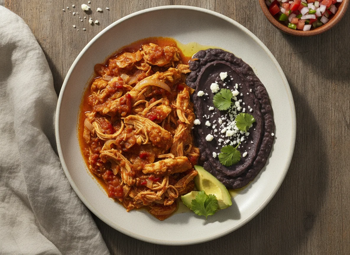 Tinga de pollo con frijoles refritos photo