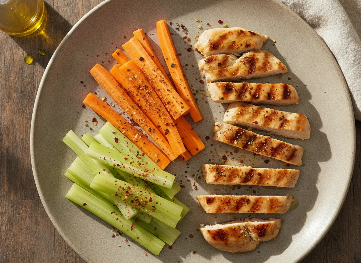 Tiras de pollo a la parrilla con crudités y especias photo