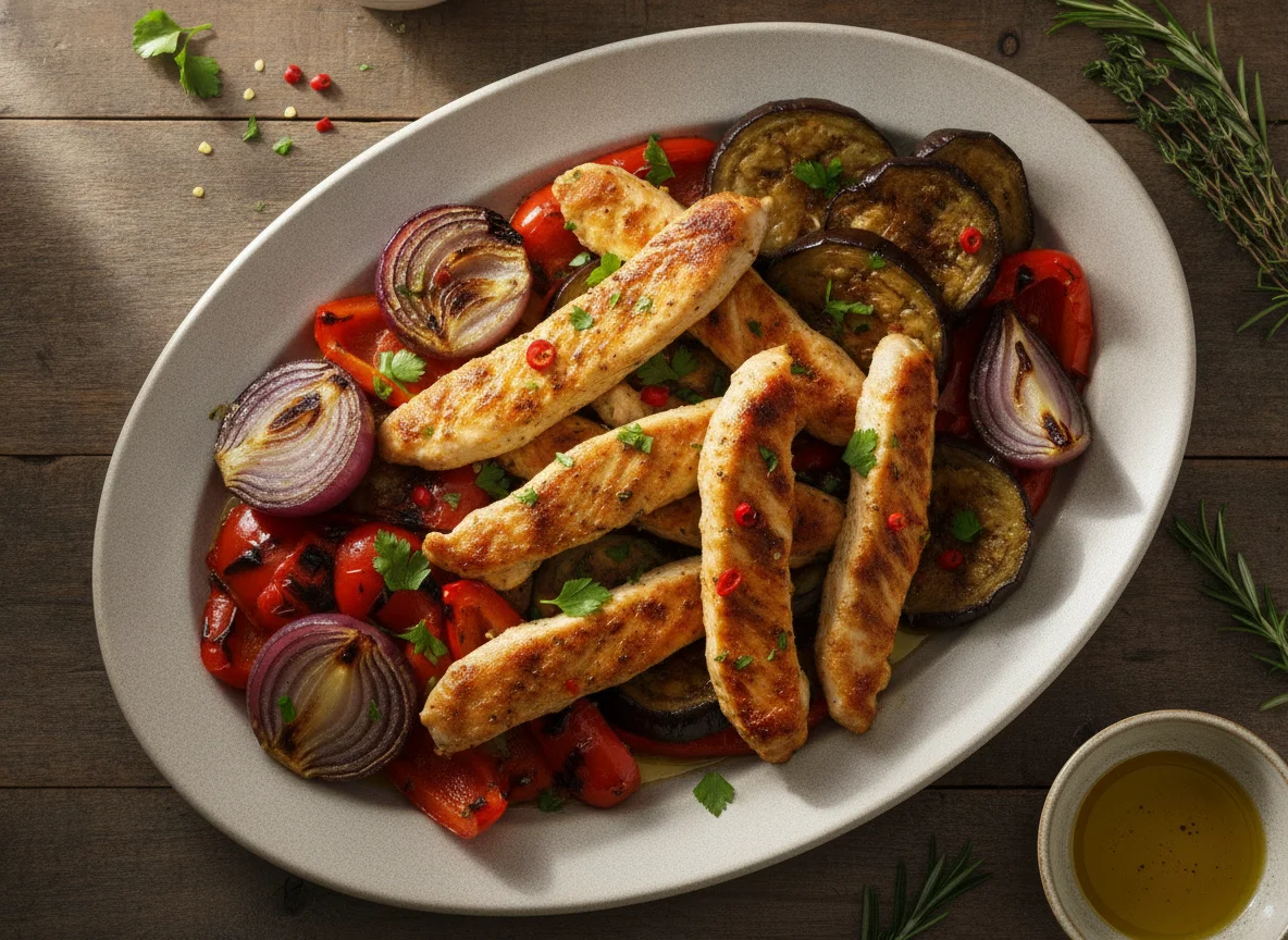 Tiras de pollo al horno con verduras asadas photo
