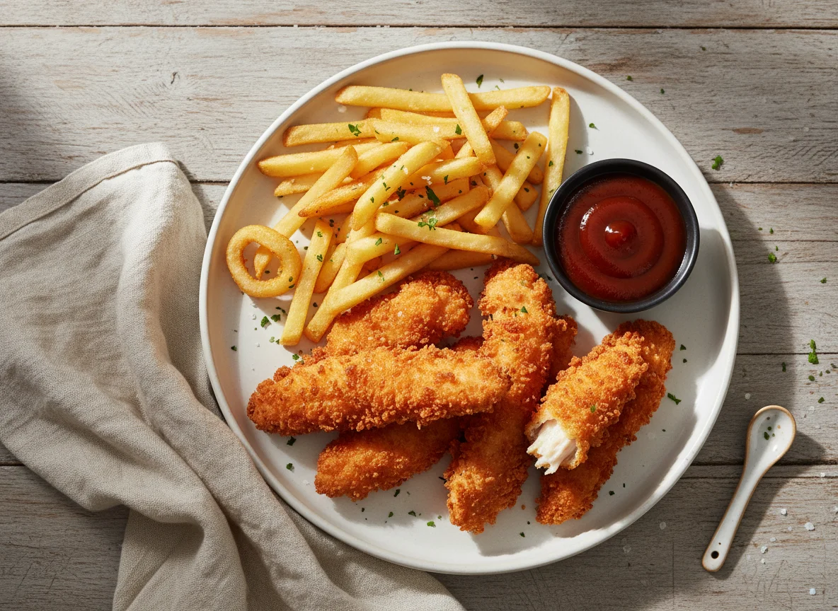 Tiras de pollo empanadas con patatas fritas photo