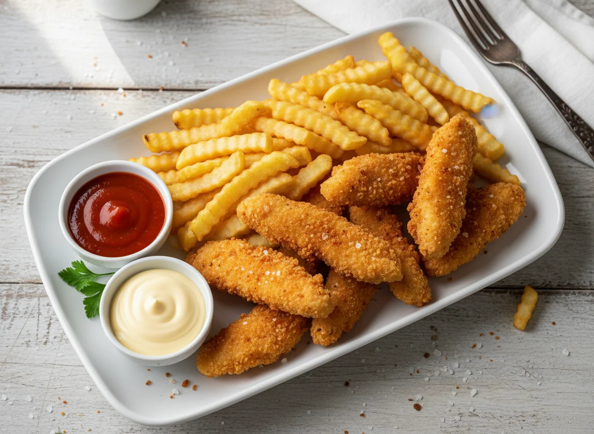 Tiras de pollo empanadas con patatas fritas y salsas photo