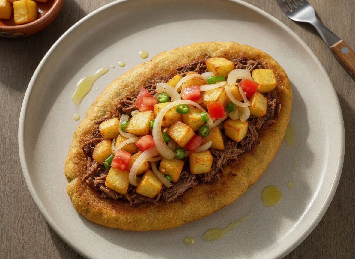 Tlacoyo de carne deshebrada con papas photo