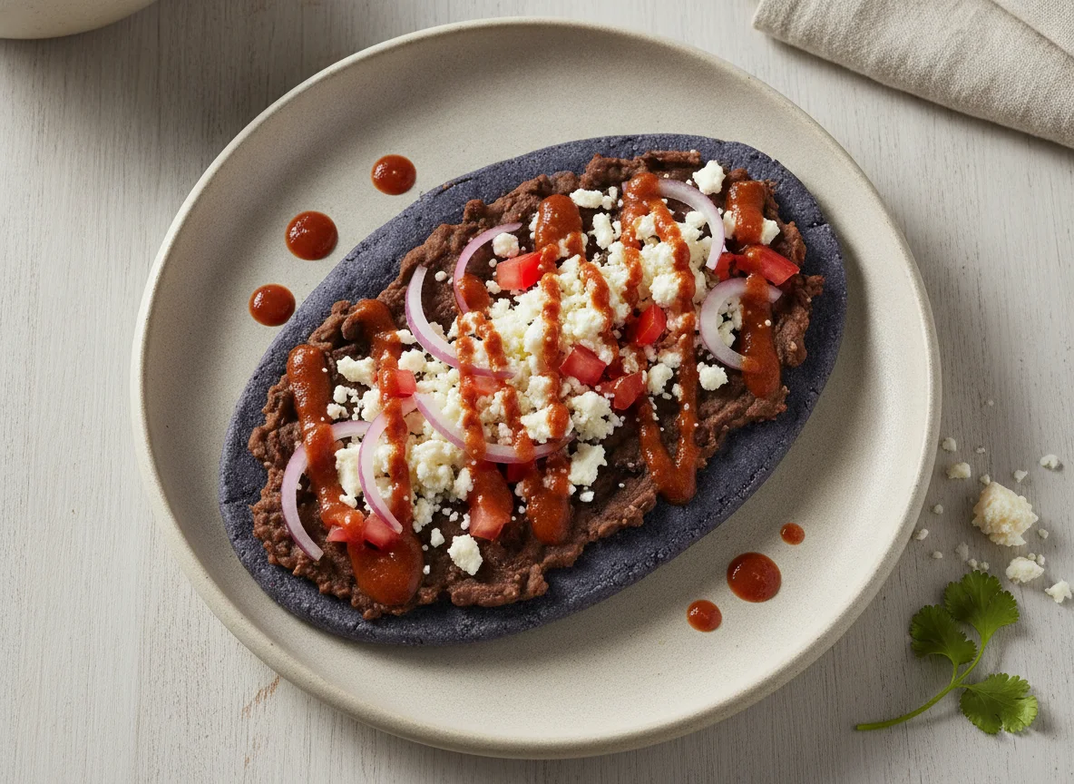 Tlacoyo de frijol con jitomate y queso photo