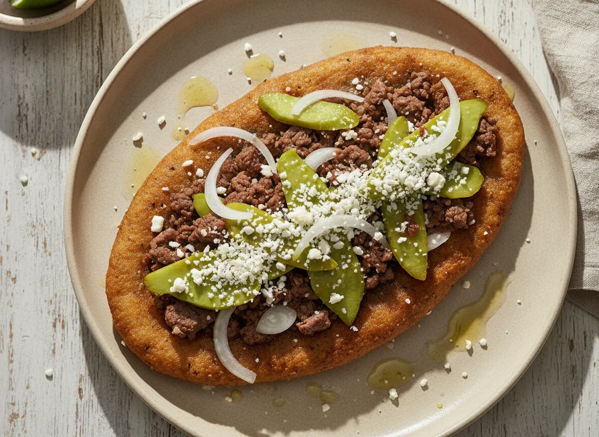 Tlacoyo de maíz azul con carne y nopales photo