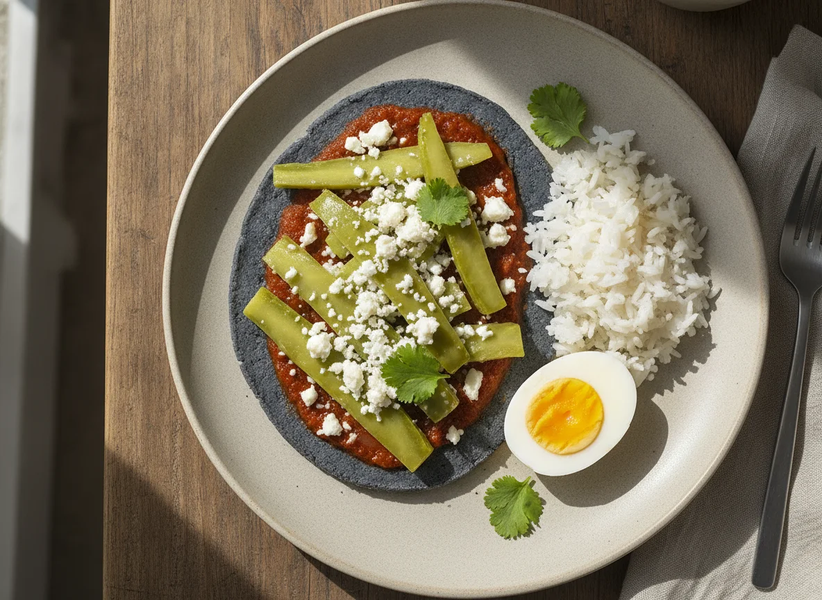 Tlacoyo de maíz azul con nopales, arroz y huevo cocido photo