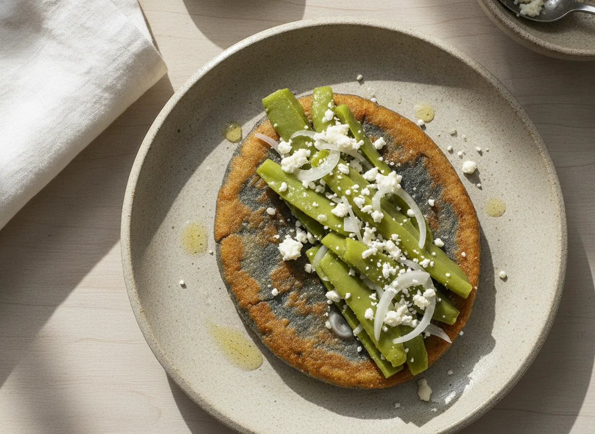 Tlacoyo de maíz azul con nopales y queso photo