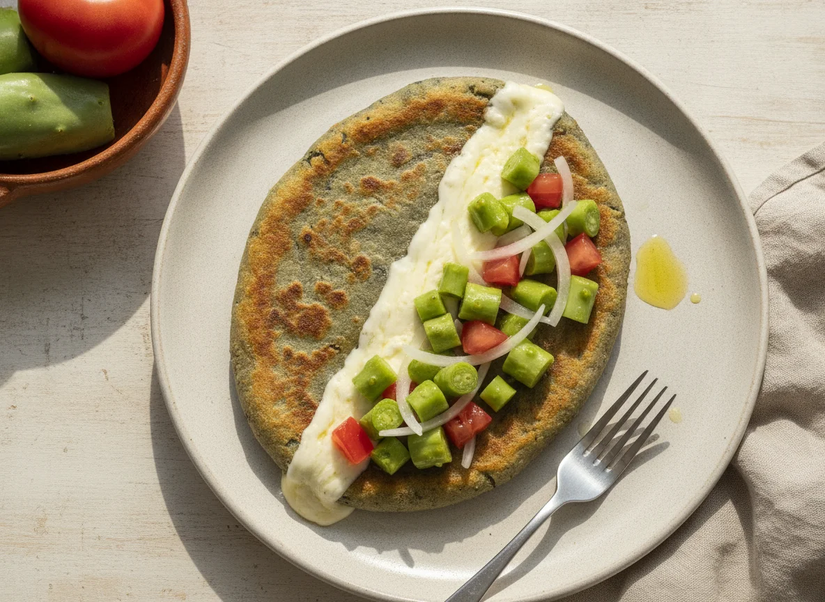 Tlacoyo de nopal con queso y ensalada de nopales photo