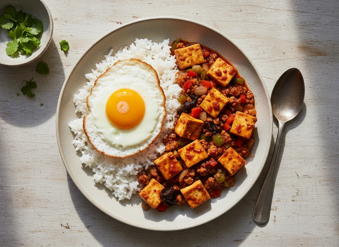 Tofu Mapo con arroz y huevo frito photo