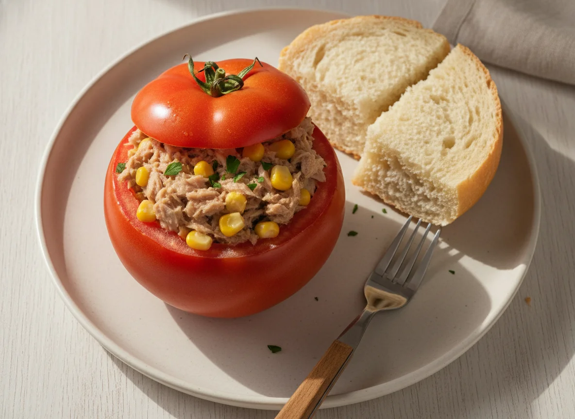 Tomate relleno con atún y pan hallulla photo