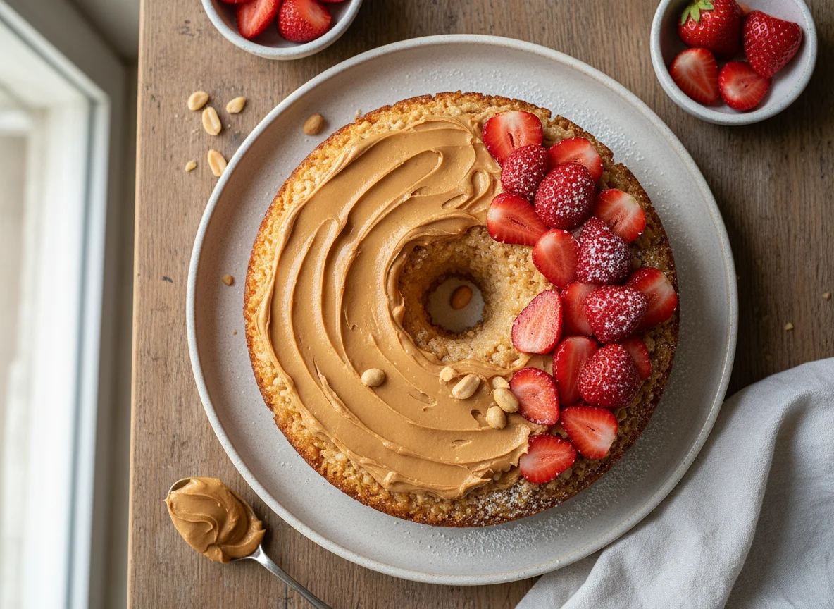 Torta de arroz con crema de cacahuate y fresas photo