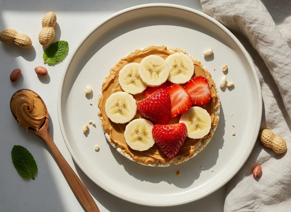 Torta de arroz con mantequilla de cacahuete, plátano y fresas photo