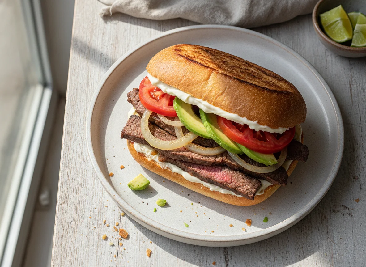 Torta de bistec con cebolla y jitomate photo