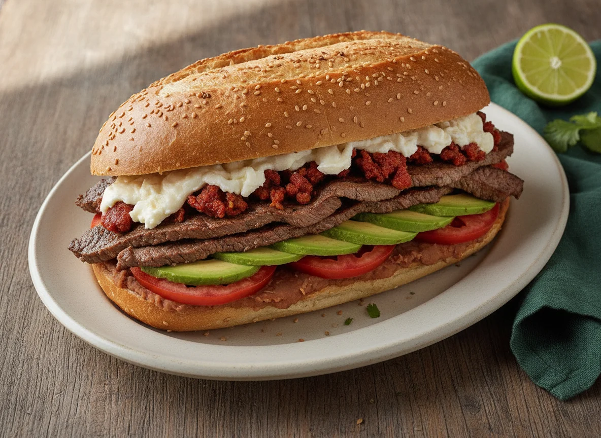 Torta de carne asada con chorizo photo