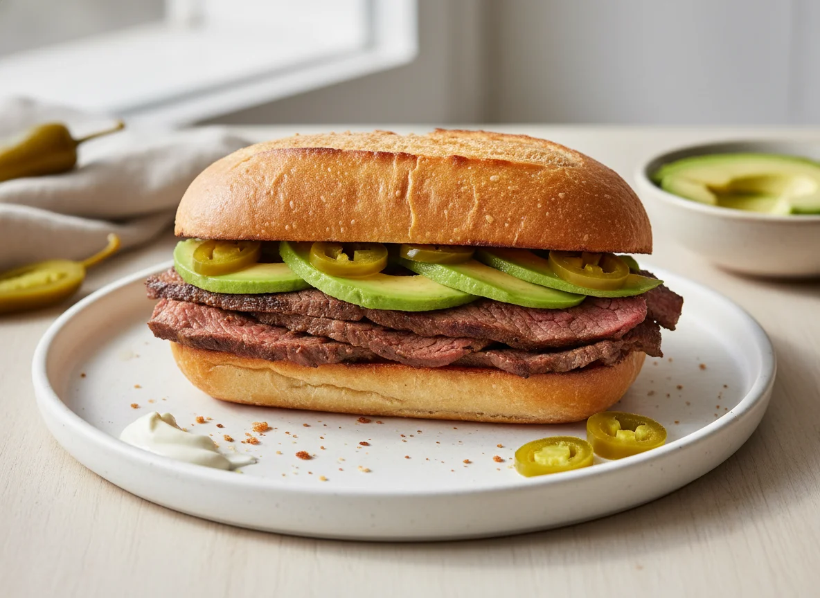Torta de carne con aguacate y jalapeños photo