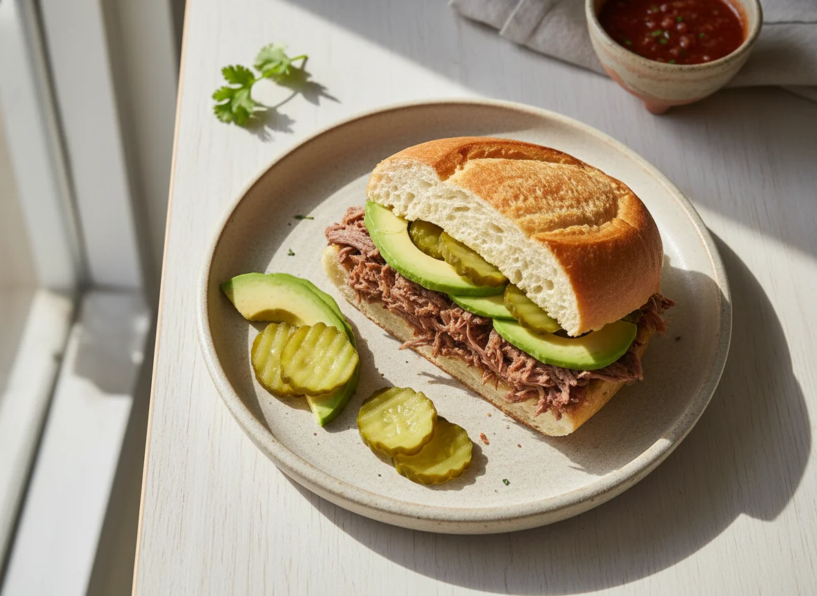 Torta de carne con aguacate y pepinillos photo
