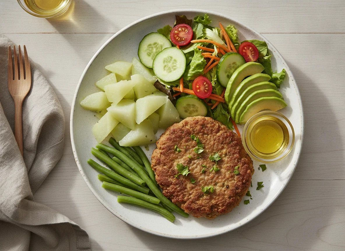 Torta de carne con ensalada y verduras cocidas photo