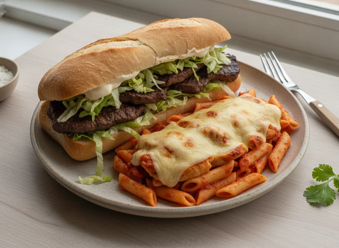 Torta de carne de res y pasta penne con pollo photo