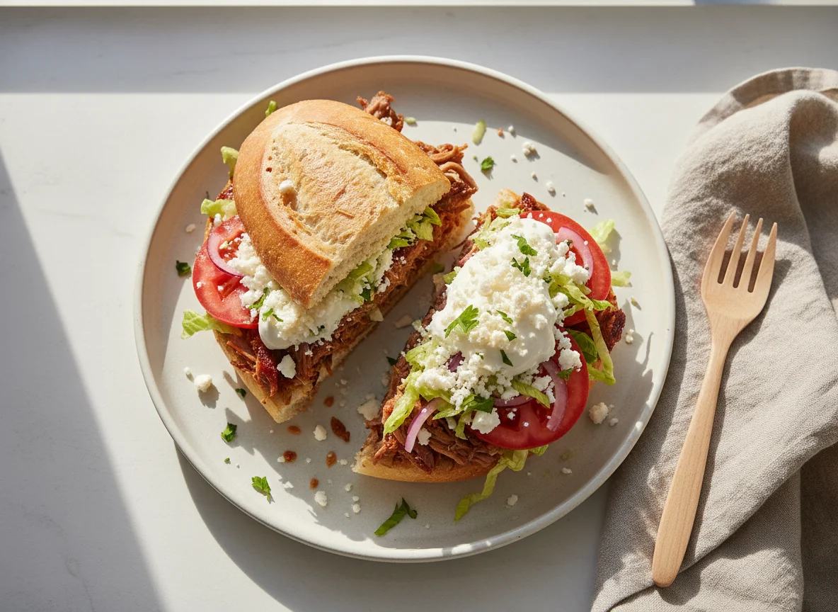 Torta de carnitas con queso y verduras photo