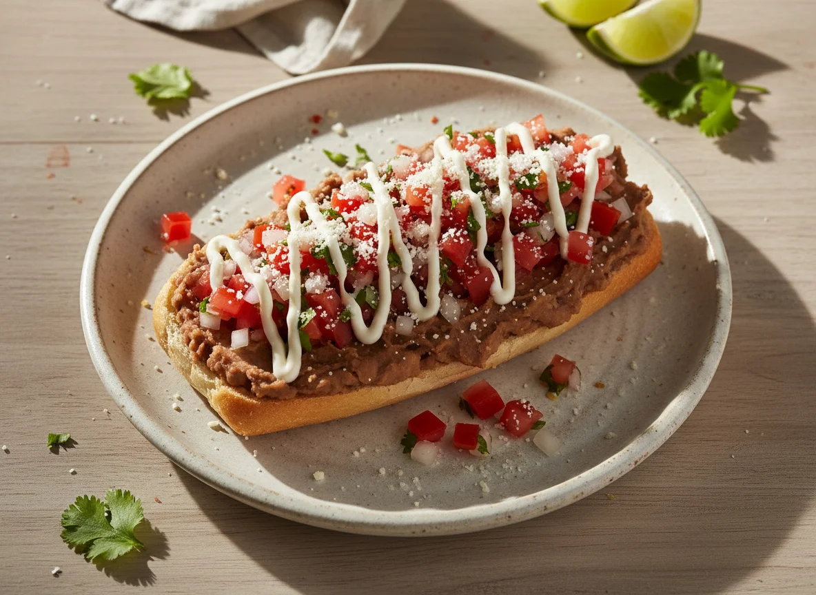 Torta de frijoles con pico de gallo y mayonesa photo