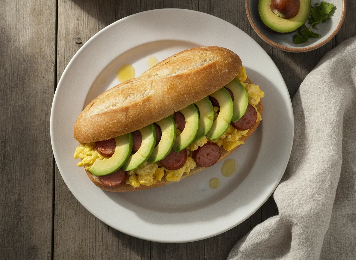 Torta de huevo con salchicha y aguacate photo