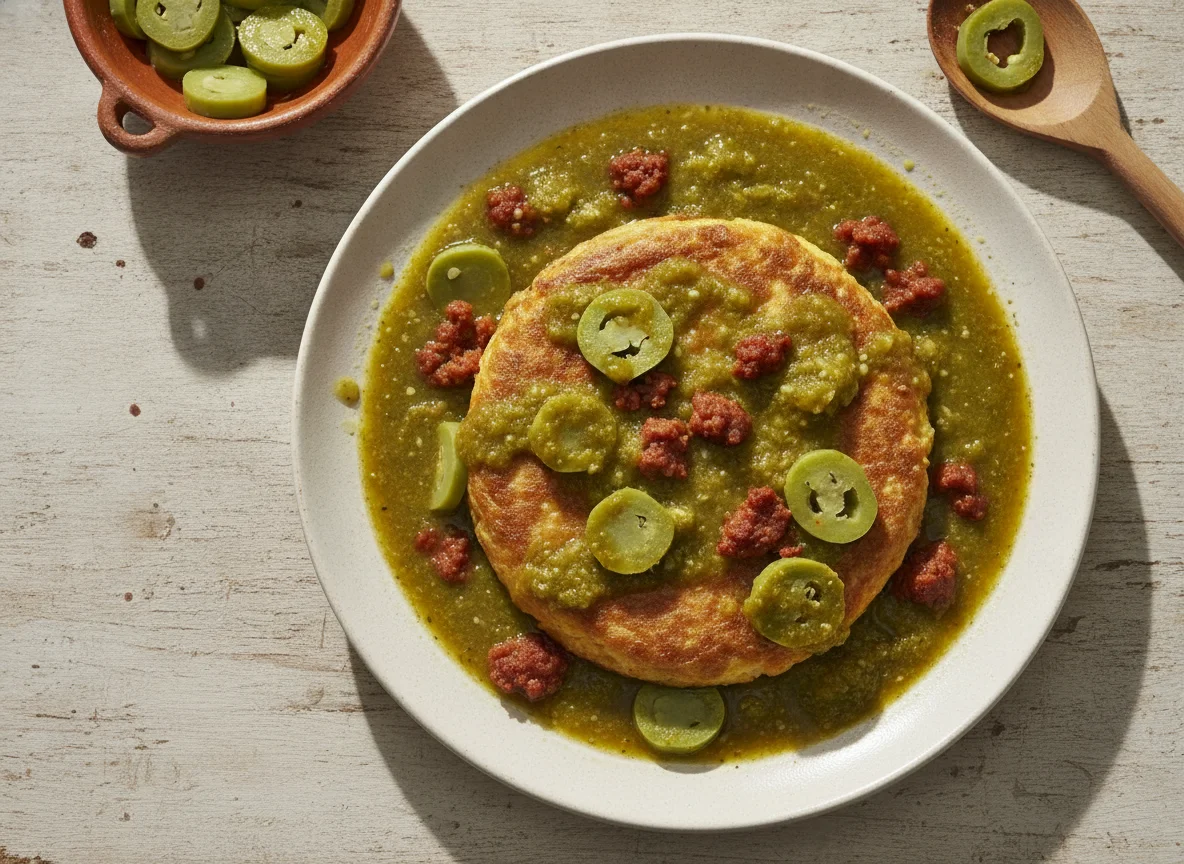 Torta de huevo en salsa verde con nopales y chorizo photo