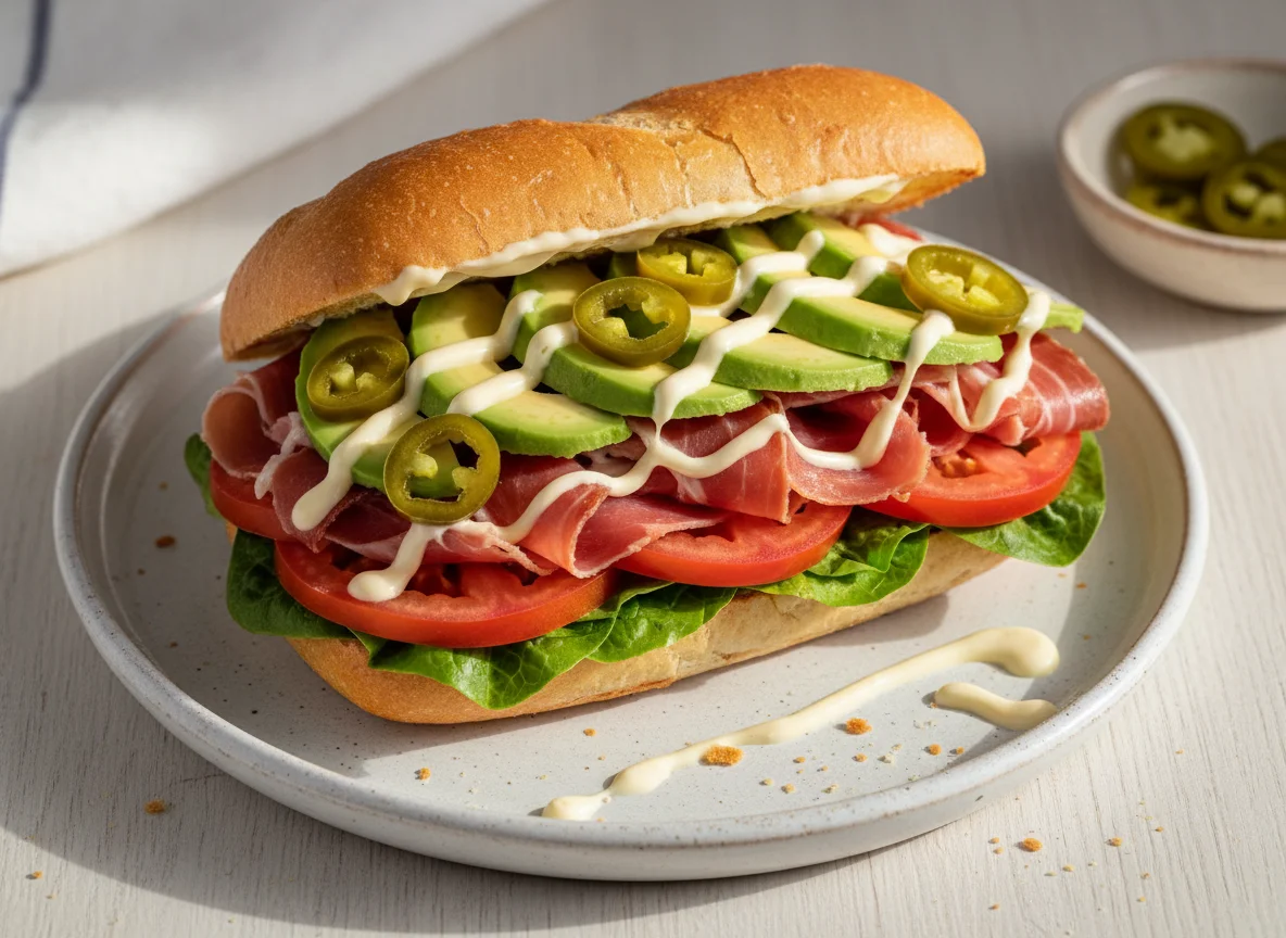 Torta de jamón con aguacate y jalapeños photo