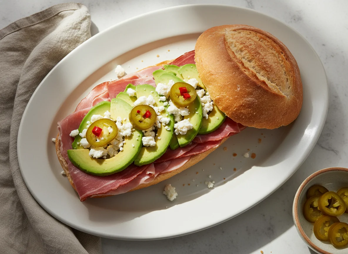 Torta de jamón con aguacate y queso photo