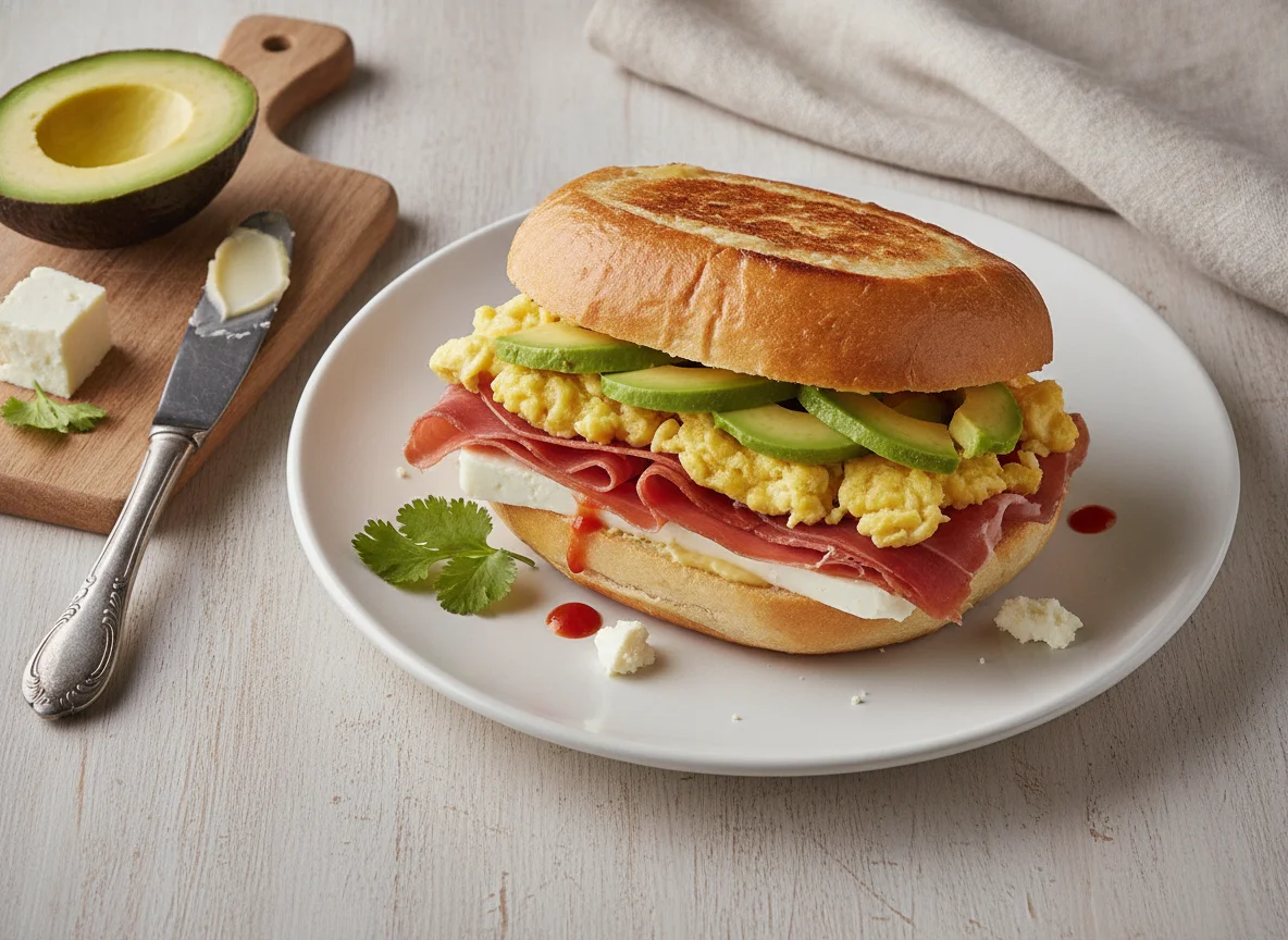 Torta de jamón con huevo y aguacate photo