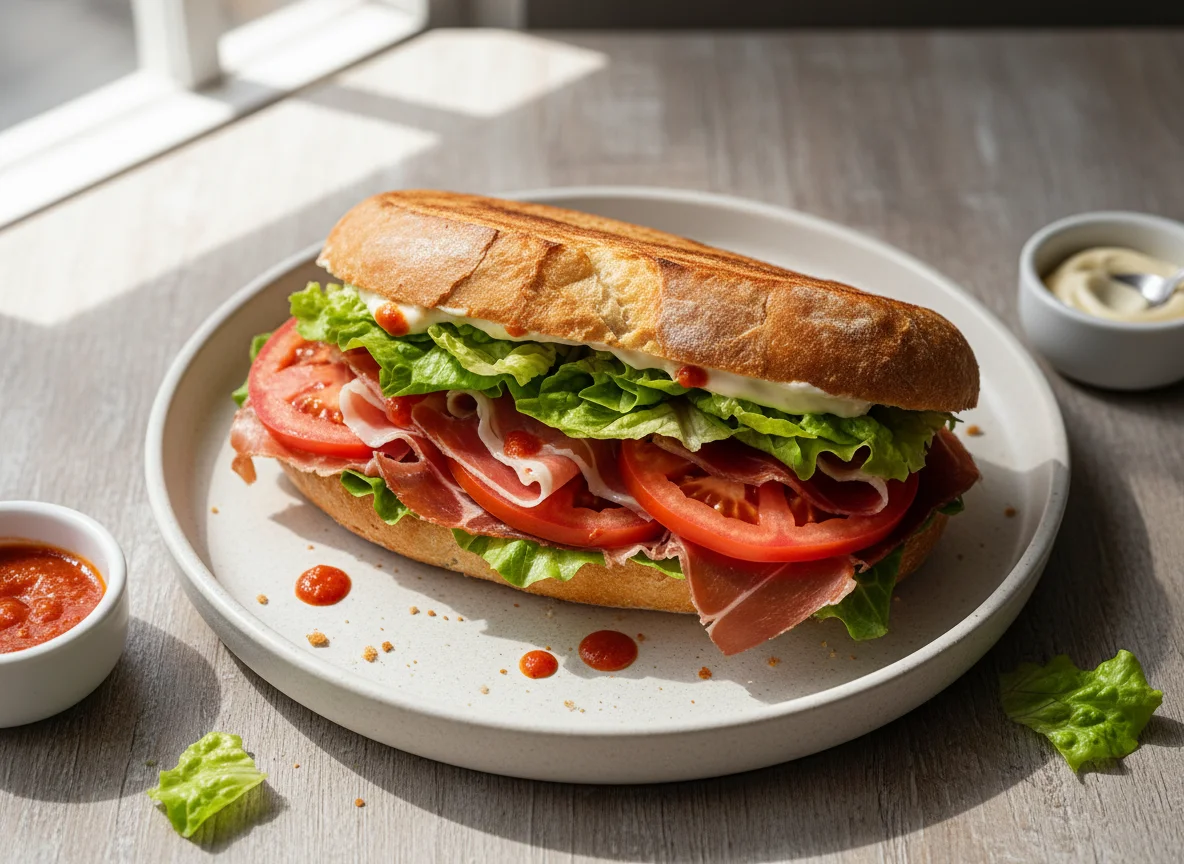Torta de jamón con lechuga y tomate photo